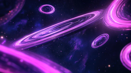 Purple and pink neon gradient rings floating against a deep black space, creating a sci-fi aesthetic.の素材