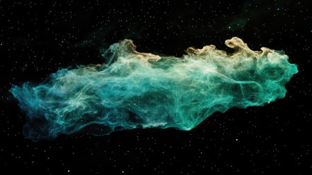 Green and teal gradient nebula-like mist floating against a pitch-black backdrop, resembling a cosmic phenomenon.の素材