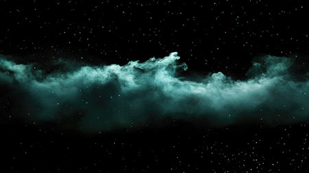Green and teal gradient nebula-like mist floating against a pitch-black backdrop, resembling a cosmic phenomenon.の素材