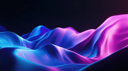 Vibrant neon blue and purple gradient light flowing smoothly over a black background, creating a futuristic and sleek aesthetic.の素材
