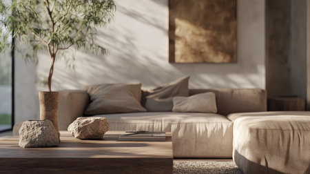 Earthy modern living room with a taupe modular sofa, a raw oak console, and stone-textured candlesticks for a natural aesthetic.の素材