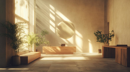 Bright and spacious office interior with a modern yet warm aesthetic, simple wooden desks, and soft ambient lighting.の素材