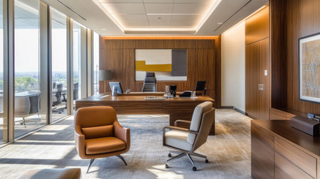 Modern executive office with an open layout, plush seating, warm wooden textures, and sleek, minimalist furniture for a refined look.の素材