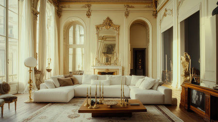 Elegant high-ceiling living area with a large white modular sectional, a floating wooden console, and ornate gold candlesticks.の素材