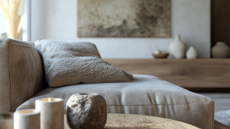 Earthy modern living room with a taupe modular sofa, a raw oak console, and stone-textured candlesticks for a natural aesthetic.の素材