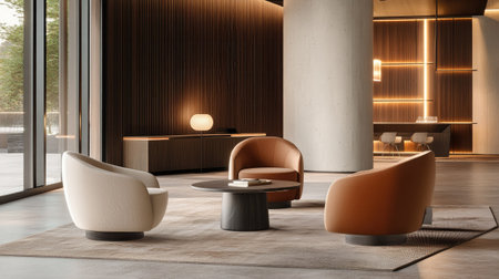 Luxury business lounge-style office with warm, ambient lighting, an open collaborative area, and sleek modern furniture.の素材