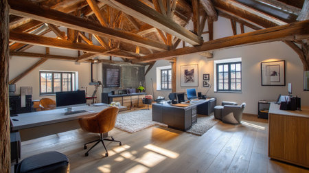 Luxury loft-style office space with exposed wood beams, a spacious open-plan layout, and elegant, simple furniture.の素材