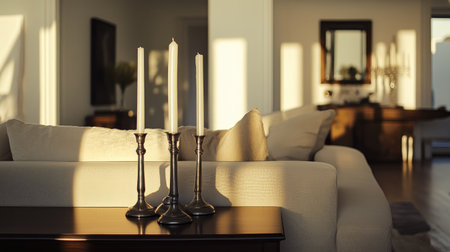 Elegant modern interior design showcasing a plush modular sofa, a dark wood console, and tall candlesticks, bathed in soft natural light.の素材