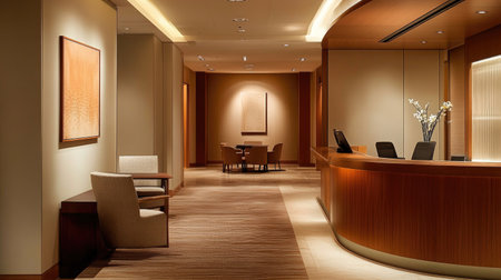 Elegant business office with warm lighting, clean lines, a spacious open work area, and a refined mix of wood and neutral colors.の素材