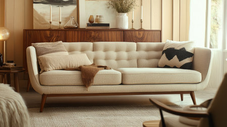 Neutral-toned living area with a stylish modular sofa, a mid-century wooden console, and a pair of elegant taper candlesticks.の素材