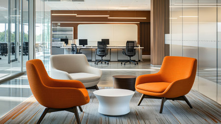 Luxury work lounge with an open space, featuring simple modern furniture, warm earth tones, and a sophisticated atmosphere.の素材