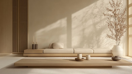 Minimalist Japanese-inspired living area with a neutral-toned modular sofa, a low wooden console, and delicate ceramic candlesticks.の素材