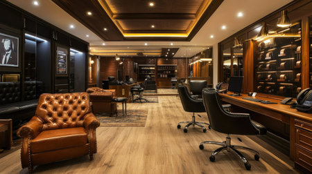 Elegant open-plan office with premium wooden flooring, stylish leather chairs, and a spacious, modern workspace with warm lighting.の素材