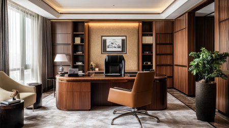 Premium office interior with a relaxed luxury vibe, featuring warm wooden textures, simple yet sophisticated furniture, and an open layout.の素材