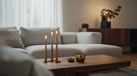 Cozy contemporary living space featuring a soft gray modular sofa, a floating wooden console, and brass candlesticks for a warm ambiance.の素材