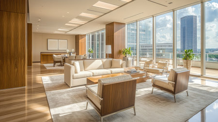 High-end office workspace with floor-to-ceiling windows, a spacious open layout, neutral-toned furniture, and elegant wood finishes.の素材