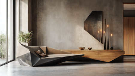 Futuristic modern living room with a modular geometric sofa, a floating wooden console, and abstract metal candlesticks for a sleek, artistic feel.の素材