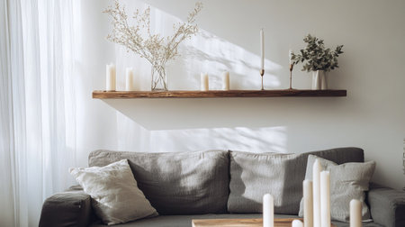 Urban apartment living room with a modular gray fabric sofa, a floating wooden shelf console, and simple white candlesticks.の素材