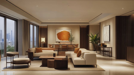 Spacious modern workspace with a high-end interior, warm color palettes, sleek furniture, and an open-concept design.の素材