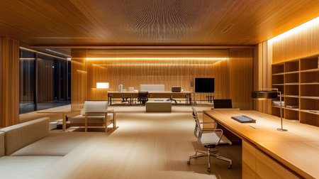 Elegant spacious office with warm wood tones, a sleek open work area, and modern minimalist furniture, illuminated by soft ambient lighting.の素材