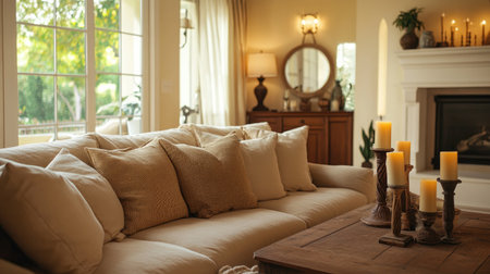 Warm and inviting living room with a beige modular sofa, a handcrafted wooden console, and vintage candlesticks for a timeless aesthetic.の素材
