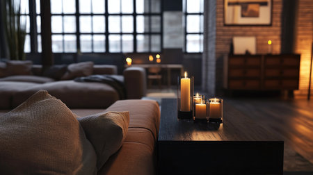 Luxury modern loft-style living room with a spacious modular sofa, a dark-stained wooden console, and statement candlesticks.の素材