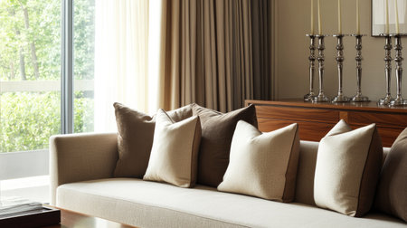 Neutral-toned living area with a stylish modular sofa, a mid-century wooden console, and a pair of elegant taper candlesticks.の素材