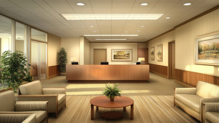 High-end contemporary office design with an open layout, elegant furniture, and a cozy mix of warm beige and wooden textures.の素材