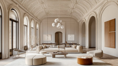 Luxury office interior with high ceilings, a neutral color palette, and an open-plan workspace featuring simple yet sophisticated furnishings.の素材