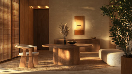 Warm and inviting office space with natural materials, simple furniture, and a luxury aesthetic featuring soft golden lighting.の素材