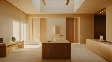 Minimalist luxury office interior featuring warm beige tones, clean wooden desks, and an airy open work area with soft lighting.の素材