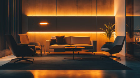 Luxury business lounge-style office with warm, ambient lighting, an open collaborative area, and sleek modern furniture.の素材