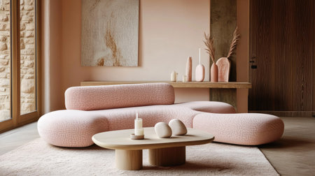 Soft pastel-themed living space with a light pink modular sofa, a blonde wood console, and sculptural candlesticks for an artistic touch.の素材