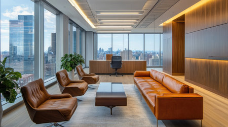 Modern executive office with an open layout, plush seating, warm wooden textures, and sleek, minimalist furniture for a refined look.の素材