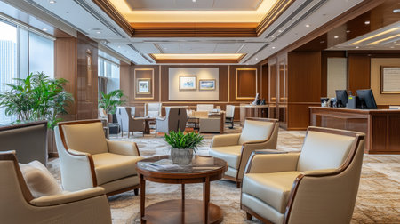 Premium office environment with rich wooden textures, comfortable neutral-toned seating, and a luxurious open workspace.の素材