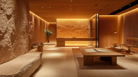 Warm and inviting office space with natural materials, simple furniture, and a luxury aesthetic featuring soft golden lighting.の素材