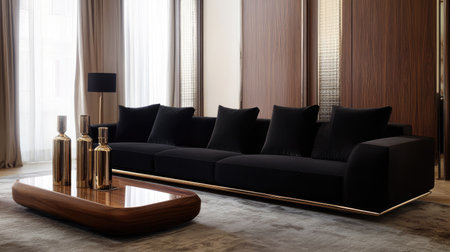 Sophisticated monochrome living room with a black modular sofa, a sleek walnut console, and metallic candlesticks, creating a bold contrast.の素材