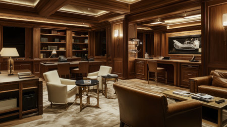 Premium office environment with rich wooden textures, comfortable neutral-toned seating, and a luxurious open workspace.の素材