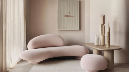 Soft pastel-themed living space with a light pink modular sofa, a blonde wood console, and sculptural candlesticks for an artistic touch.の素材