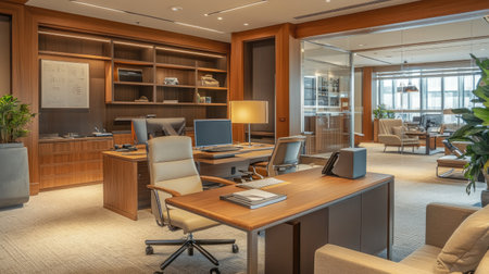 Spacious corporate office featuring a sophisticated mix of warm earth tones, wooden accents, and a clean open workspace with simple furniture.の素材