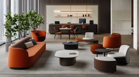 Luxury work lounge with an open space, featuring simple modern furniture, warm earth tones, and a sophisticated atmosphere.の素材