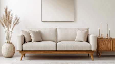 Neutral-toned living area with a stylish modular sofa, a mid-century wooden console, and a pair of elegant taper candlesticks.の素材