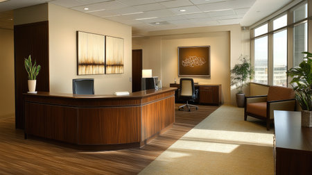 Spacious corporate office featuring a sophisticated mix of warm earth tones, wooden accents, and a clean open workspace with simple furniture.の素材