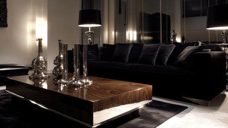Sophisticated monochrome living room with a black modular sofa, a sleek walnut console, and metallic candlesticks, creating a bold contrast.の素材