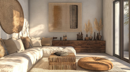 Modern bohemian living room with a rattan-accented modular sofa, a rustic wooden console, and unique handmade candlesticks.の素材