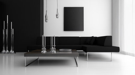 Sophisticated monochrome living room with a black modular sofa, a sleek walnut console, and metallic candlesticks, creating a bold contrast.の素材