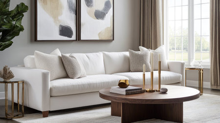 Stylish contemporary living room featuring a white modular sofa, a walnut console table, and gold candlesticks for a touch of luxury.の素材