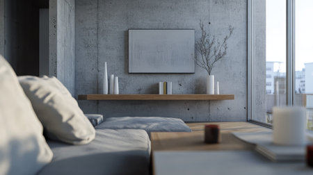 Urban apartment living room with a modular gray fabric sofa, a floating wooden shelf console, and simple white candlesticks.の素材