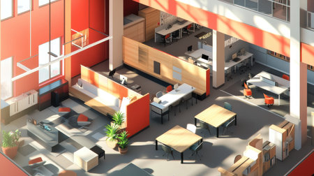 Spacious modern workspace with a high-end interior, warm color palettes, sleek furniture, and an open-concept design.の素材