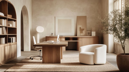 Minimalist luxury office with natural wood accents, neutral furniture, and an inviting, open-concept work area.の素材
